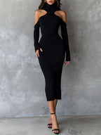 Elegant Cutout Shoulder Black Ribbed Knit Midi Dress