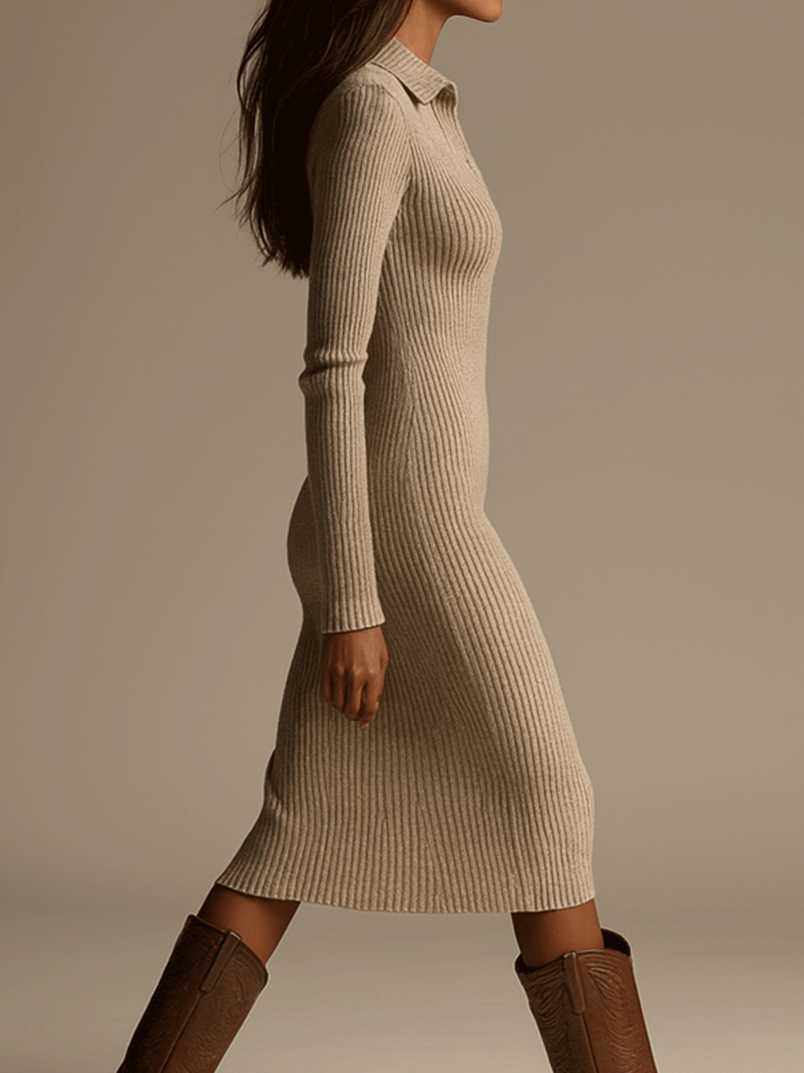 Minimalist Beige Knit Bodycon Midi Dress