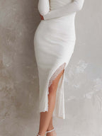 Retro Square Neck Knit Hem Split Lace Midi Dress