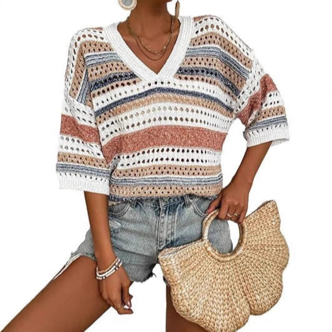 Kelise™ | Casual Striped Crochet V-Neck Summer Top