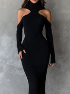 Elegant Cutout Shoulder Black Ribbed Knit Midi Dress