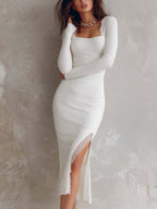 Retro Square Neck Knit Hem Split Lace Midi Dress